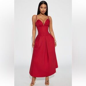 Fashion Nova Estella Corset Poplin Midi Dress - Burgundy